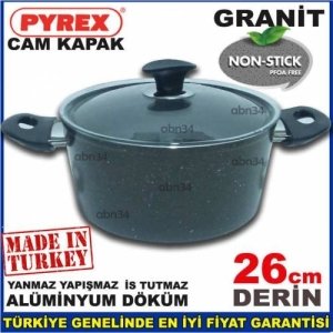 26cm Döküm Alüminyum Full Granit Kaplama Tencere Cam Kapakli