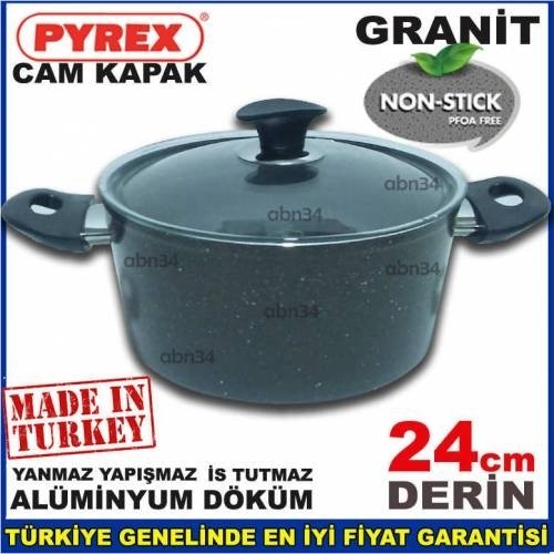 24cm Döküm Alüminyum Full Granit Kaplama Tencere Cam Kapakli