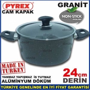 24cm Döküm Alüminyum Full Granit Kaplama Tencere Cam Kapakli