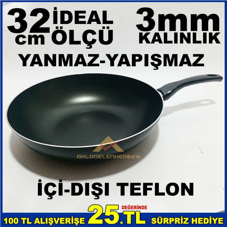 İÇ ve DIŞ YÜZEYİ TEFLON KAPLAMA 32cm WOK TAVA