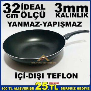 İÇ ve DIŞ YÜZEYİ TEFLON KAPLAMA 32cm WOK TAVA