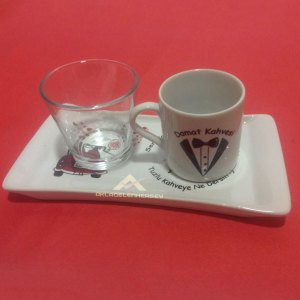 Damat Fincan Seti 3 Parçadan Oluşan Fincan,Bardak ve Altlık Porselen Gelin Damat Kahve Fincanı