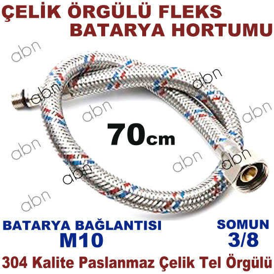 ÇELİK TEL ÖRGÜLÜ FLEKS BATARYA BAĞLANTI HORTUMU Somun3/8-Batarya:M10-UZUNLUK:70cm Eniyi Kalite Flexi