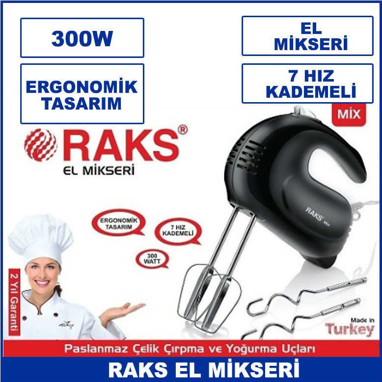Raks El Mikseri 7 Hız Kademeli 300 W Ergonomik Tasarım Paslanmaz Aparatları ile 2 Yıl Garantili