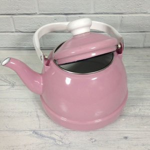 Üstten tutmalı emaye çaydanlık 2.5litre büyük boy içi beyaz dışı pembe nostaljik tek alt çaydanlık