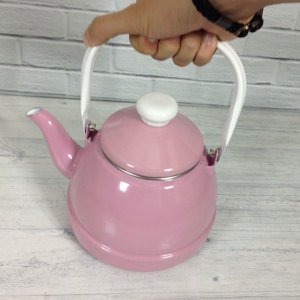 Üstten tutmalı emaye çaydanlık 2.5litre büyük boy içi beyaz dışı pembe nostaljik tek alt çaydanlık