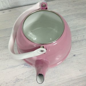 Üstten tutmalı emaye çaydanlık 2.5litre büyük boy içi beyaz dışı pembe nostaljik tek alt çaydanlık