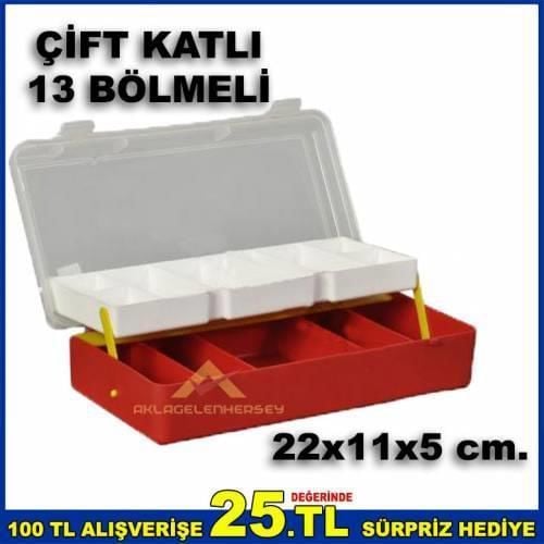 13 Bölmeli Çift Katlı Organizer Boncuk-Vida Çantası Plastik Kutu 22x11x5cm