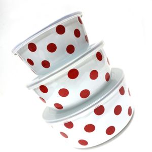 Beyaz Üstüne Kırmızı Puantiye Desenli Savaşan Emaye 3'lü Kase Takımı Seti 12 - 14 - 16 cm Plastik Kapaklı