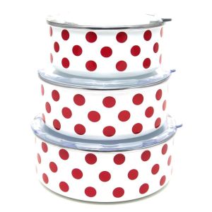 Beyaz Üstüne Kırmızı Puantiye Desenli Savaşan Emaye 3'lü Kase Takımı Seti 12 - 14 - 16 cm Plastik Kapaklı