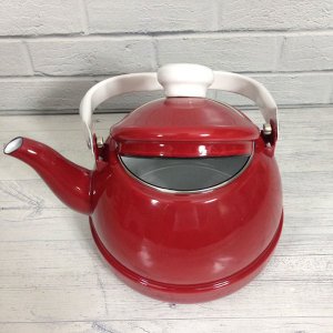 Üstten tutmalı emaye çaydanlık 2.5litre büyük boy içi beyaz dışı kırmızı nostaljik tek alt çaydanlık