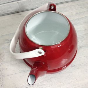 Üstten tutmalı emaye çaydanlık 2.5litre büyük boy içi beyaz dışı kırmızı nostaljik tek alt çaydanlık