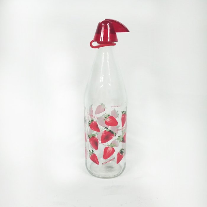 Çilek Baskılı 1 lt Kapasiteli Cam Süt Şişesi Dekoratif Su Şişesi