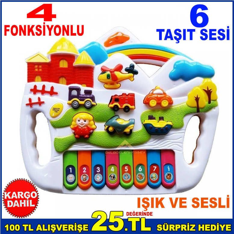 SESLİ VE IŞIKLI TÜRKÇE TAŞIT PİANO 6 ÇEŞİT TAŞIT SESLİ 4 FONKSİYONLU TUŞLU PİANO SESİ VE NOTALAR
