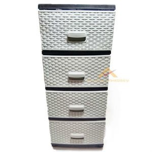 Bej-Gri Renk Tonlarında Büyük boy 4 Çekmeceli Hasır Desenli Komidin, Raddan Görünümlü Plastik Komidin