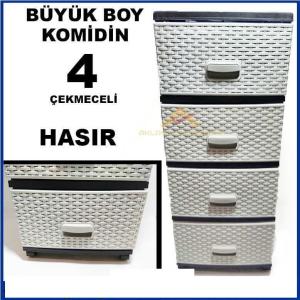 Bej-Gri Renk Tonlarında Büyük boy 4 Çekmeceli Hasır Desenli Komidin, Raddan Görünümlü Plastik Komidin