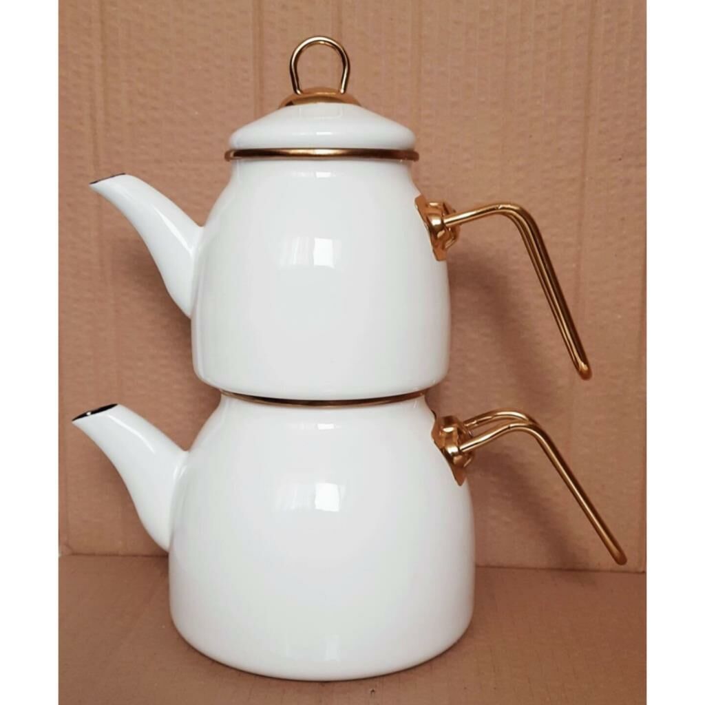 Nostalji Emaye Golden Çaydanlık Takımı Dışı Renkli, İçi Siyah, Kilit Kapak Özellikli