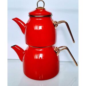 Nostalji Emaye Golden Çaydanlık Takımı Dışı Renkli, İçi Siyah, Kilit Kapak Özellikli