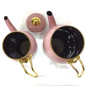 Nostalji Emaye Golden Çaydanlık Takımı Dışı Renkli, İçi Siyah, Kilit Kapak Özellikli