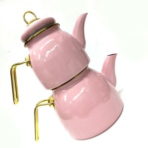 Nostalji Emaye Golden Çaydanlık Takımı Dışı Renkli, İçi Siyah, Kilit Kapak Özellikli