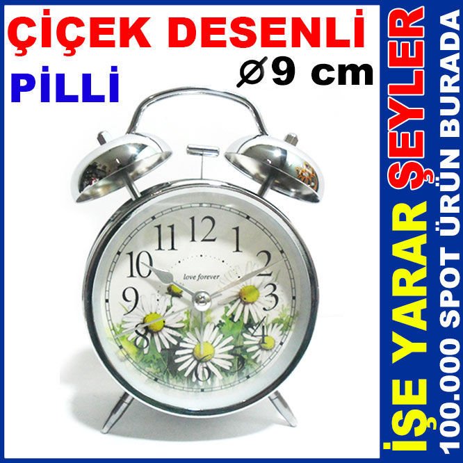 ÇİÇEK DESENLİ GÜÇLÜ ALARMLI ZİLLİ MASA SAATİ
