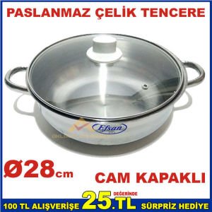 ÖZEL TABANLI CAM KAPAKLI ÇELİK TENCERE 28cm