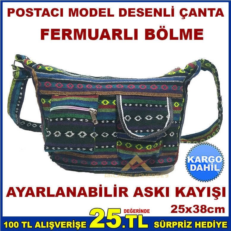 POSTACI MODEL RENKLİ DESENLİ KADIN OMUZ ÇANTASI