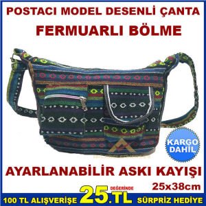 POSTACI MODEL RENKLİ DESENLİ KADIN OMUZ ÇANTASI