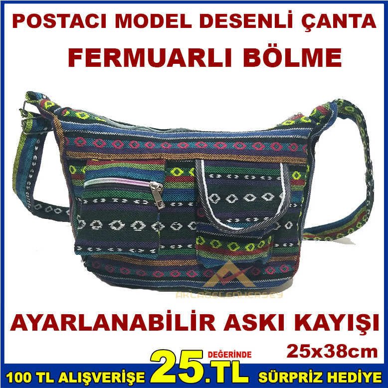 POSTACI MODEL RENKLİ DESENLİ KADIN OMUZ ÇANTASI