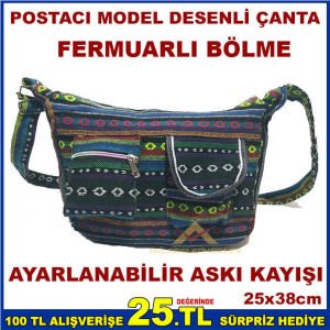POSTACI MODEL RENKLİ DESENLİ KADIN OMUZ ÇANTASI