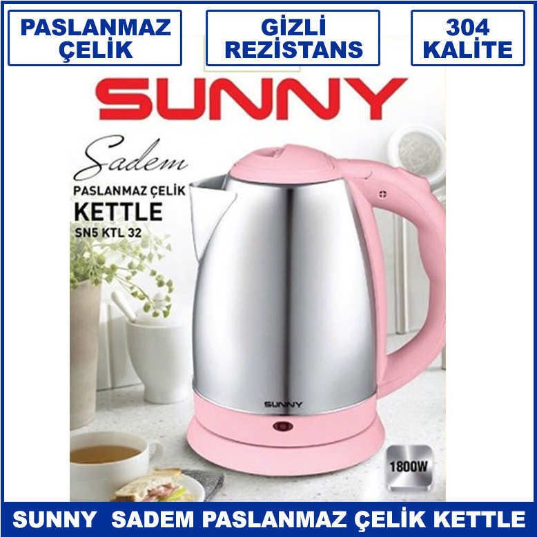 Sunny Sadem SN5 KTL 32 Pembe Gizli Rezistanslı Paslanmaz Çelik 304 Kalite 1.7 lt Kettle - Su Isıtıcı