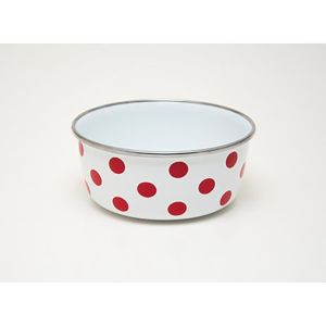 Endüksiyon Ocaklara Uygun Beyaz Üstüne Kırmızı Puantiye Desenli Savaşan Emaye 16 cm Çap