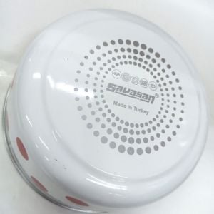 Endüksiyon Ocaklara Uygun Beyaz Üstüne Kırmızı Puantiye Desenli Savaşan Emaye 16 cm Çap