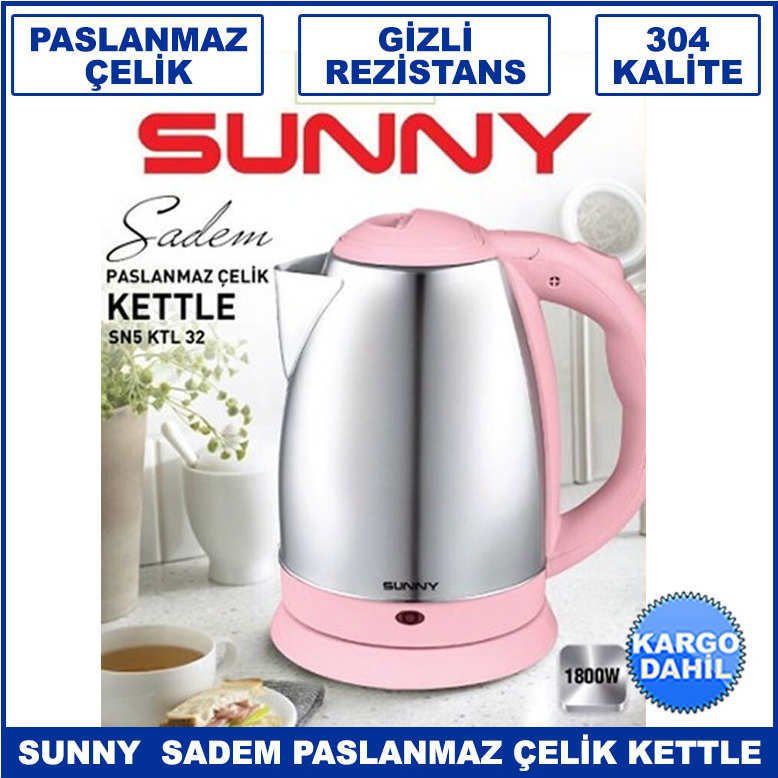 Sunny Sadem SN5 KTL 32 Pembe Gizli Rezistanslı Paslanmaz Çelik 304 Kalite 1.7 lt Kettle - Su Isıtıcı