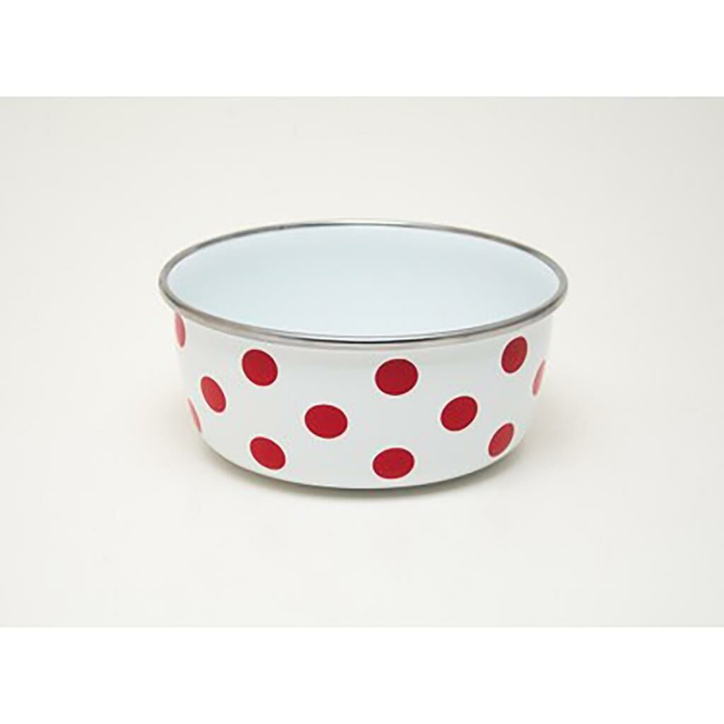 Endüksiyon Ocaklara Uygun Beyaz Üstüne Kırmızı Puantiye Desenli Savaşan Emaye 12 cm Çap