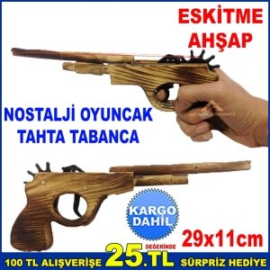 LASTİK FIRLATAN MEKANİZMALI NOSTALJİK TAHTA TABANCA 29x11cm