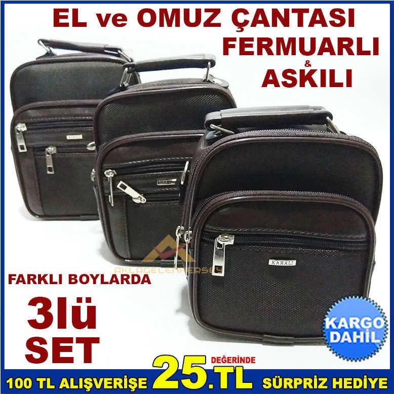 3lüSET FERMUARLI KAHVERENGİ ASKILI ERKEK ÇANTASI