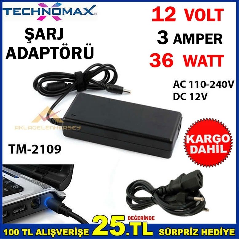 TECHNOMAX TM-2109 12V 3 AMPER LAPTOP ŞARJ ADAPTÖRÜ KD