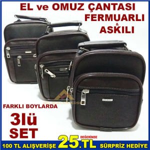 3lüSET FERMUARLI KAHVERENGİ ASKILI ERKEK ÇANTASI