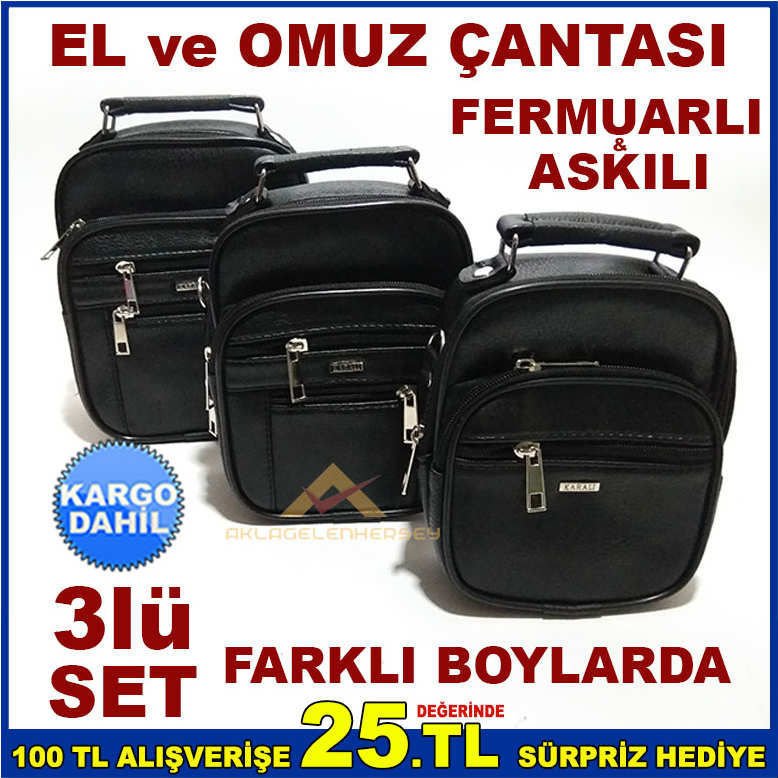 3lüSET FERMUARLI PU DERİ ERKEK ASKILI EL ÇANTASI