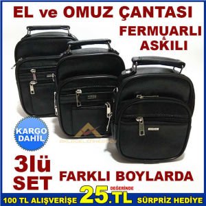 3lüSET FERMUARLI PU DERİ ERKEK ASKILI EL ÇANTASI