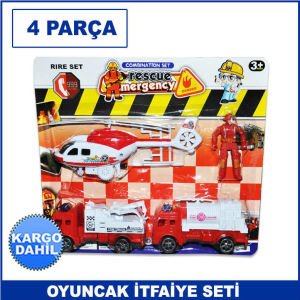 4 Parça Oyuncak Helikopterli İtfaiye Seti Kaliteli ve Dayanıklı İtfaiye Arabası