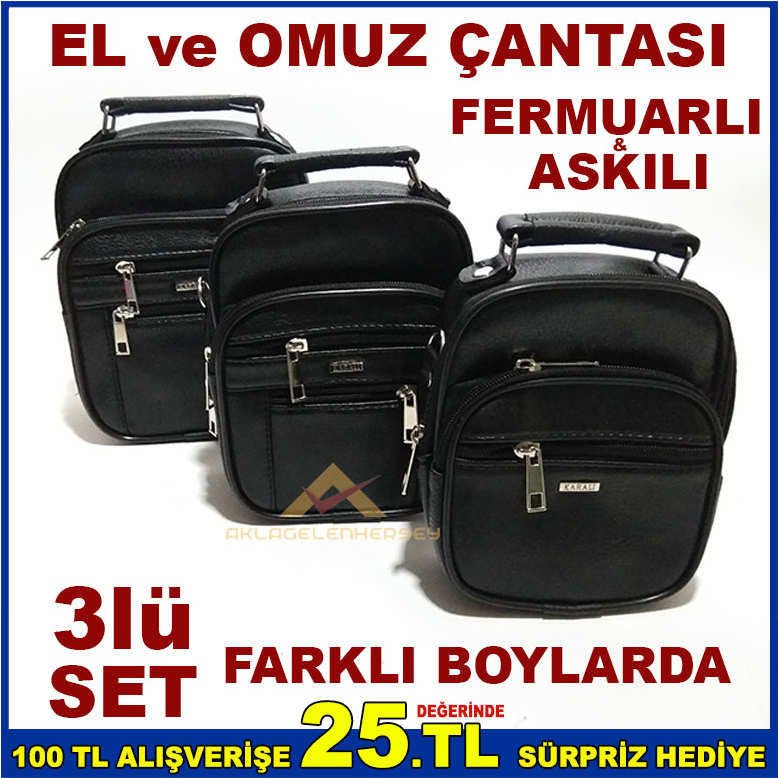 3lüSET FERMUARLI PU DERİ ERKEK ASKILI EL ÇANTASI