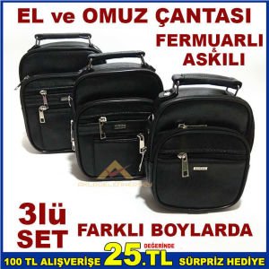 3lüSET FERMUARLI PU DERİ ERKEK ASKILI EL ÇANTASI