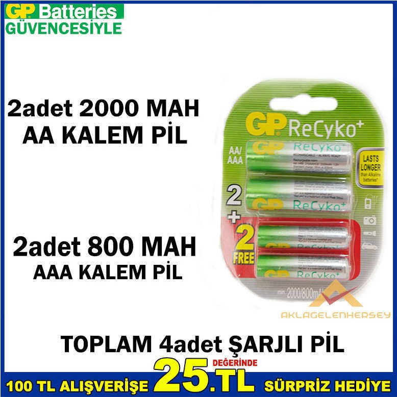 2adet AA 2000+ 2adet AAA 800 ŞARJLI KALEM PİL