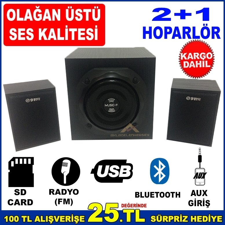 Usb,Radyo,Aux,Sd Card,Bluetooth Girişli 25Watt 2+1 Hoparlör