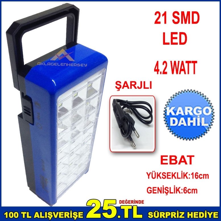 21SMD LEDLİ ŞARJLI TUTMA SAPLI 2 KADEME LED IŞIK AYARLI EL FENERİ