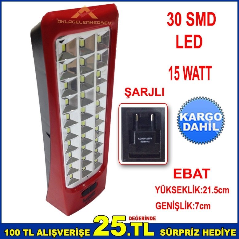 30 SMD LEDLİ ŞARJLI 2 KADEME LED IŞIK AYARLI EL FENERİ