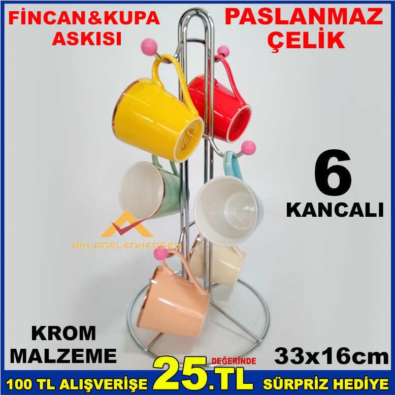 PASLANMAZ ÇELİK 6 KANCA KROM FİNCAN KUPA ASKISI