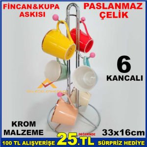 PASLANMAZ ÇELİK 6 KANCA KROM FİNCAN KUPA ASKISI
